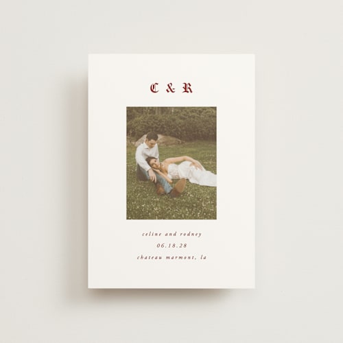 This is a crimson save the date postcards with standard by AK Graphics called marmont printing on signature in postcard