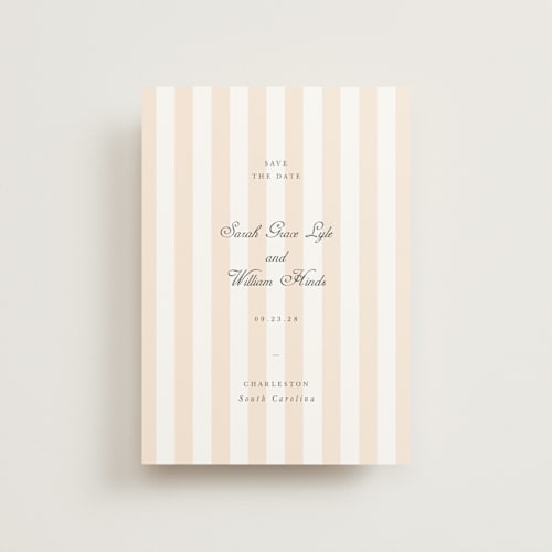 This is a peach save the date postcards with standard by Sara Hicks Malone called awning stripe printing on signature in postcard