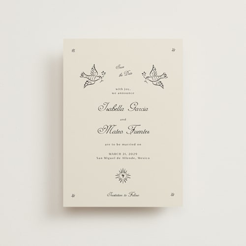 This is a ivory save the date postcards with standard by Ani Somi called milagro printing on signature in postcard