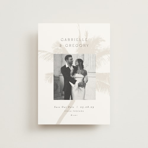 This is a ecru save the date postcards with standard by AK Graphics called palm printing on signature in postcard