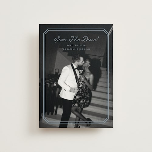 This is a french blue save the date postcards with standard by Carolyn MacLaren called bevel monogram printing on signature in postcard