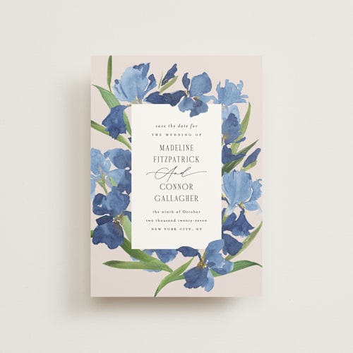 This is a natural save the date postcards with standard by Everett Paper Goods called irises printing on signature in postcard
