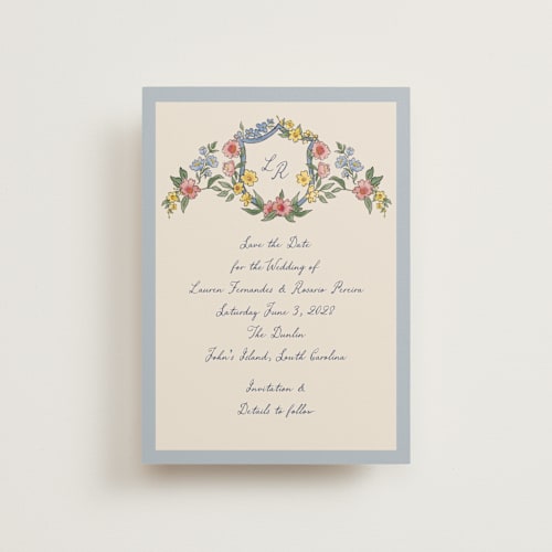 This is a cornflower save the date postcards with standard by Chris Griffith called a wedding in low country printing on signature in postcard