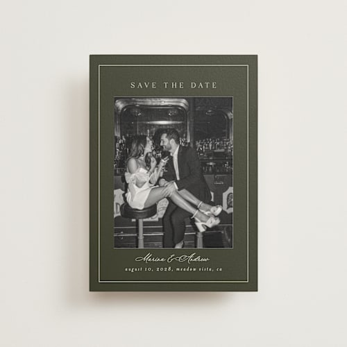 This is a olive save the date postcards with standard by Nicole Walsh called refined printing on signature in postcard