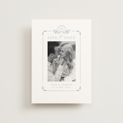 This is a pale cerulean save the date postcards with standard by Sabrin Deirani called ocean dreams printing on signature in postcard