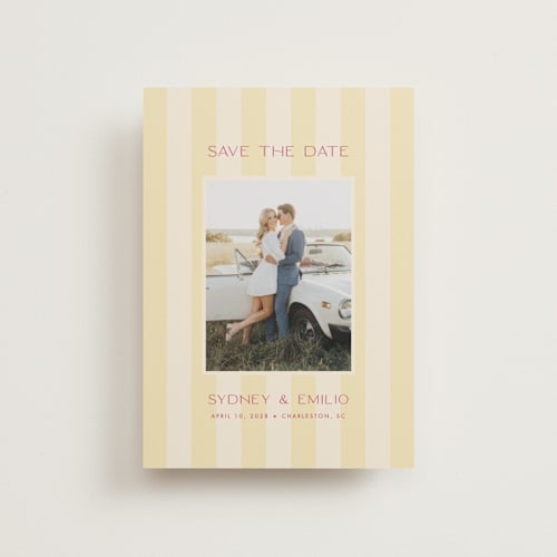 This is a lemon save the date postcards with standard by Ellen Schlegelmilch called palmetto printing on signature in postcard
