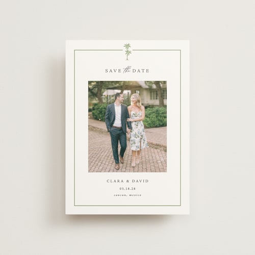 This is a leaf save the date postcards with standard by Olivia Raufman called palm monogram printing on signature in postcard