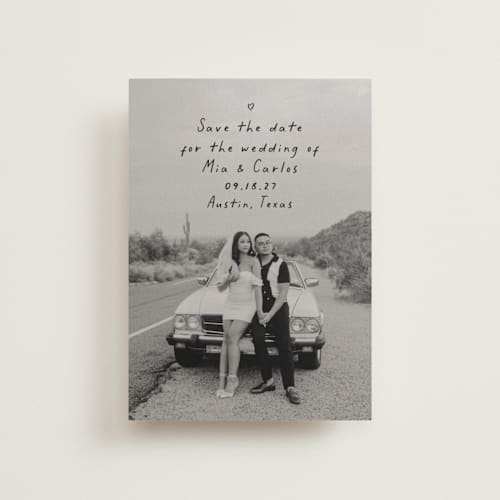 This is a noir save the date postcards with standard by Olivia Raufman called noted printing on signature in postcard