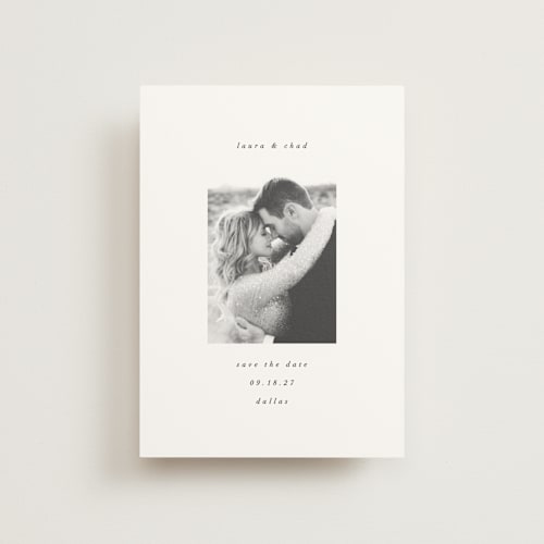 This is a snow save the date postcards with standard by AK Graphics called understated elegance printing on signature in postcard