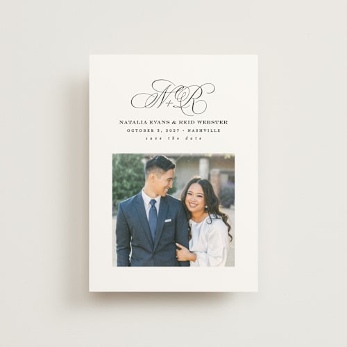 This is a newspaper save the date postcards with standard by Lea Delaveris called elegant initials printing on signature in postcard