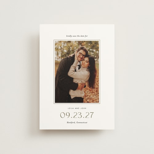 This is a olive save the date postcards with standard by Sara Hicks Malone called brampton printing on signature in postcard