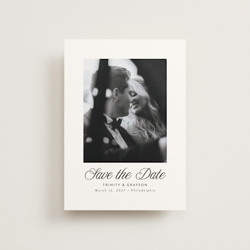 This is a tux save the date postcards with standard by Susan Asbill called classically printing on signature in postcard