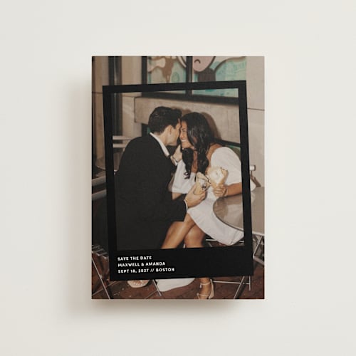 This is a midnight save the date postcards with standard by Inkblot Design called album printing on signature in postcard