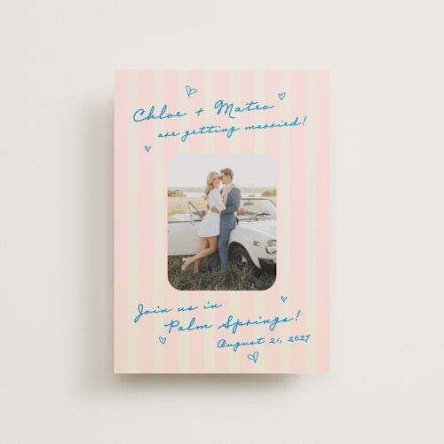 This is a pink grapefruit save the date postcards with standard by Jackie Crawford called the right stripes printing on signature in postcard