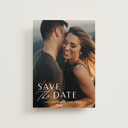 This is a pearl save the date postcards with standard by Jennifer Postorino called eloquent printing on signature in postcard