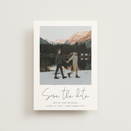 This is a cloud save the date postcards with standard by Katherine Moynagh called scripted style printing on signature in postcard