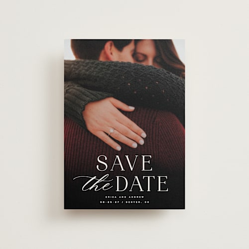 This is a dove save the date postcards with standard by Hooray Creative called classic serif printing on signature in postcard