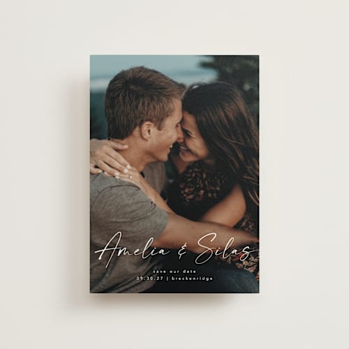This is a marshmallow save the date postcards with standard by Lea Delaveris called because of you printing on signature in postcard