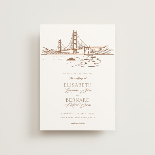 This is a champagne save the date postcards with standard by Sherley Ferreira called san francisco printing on signature in postcard