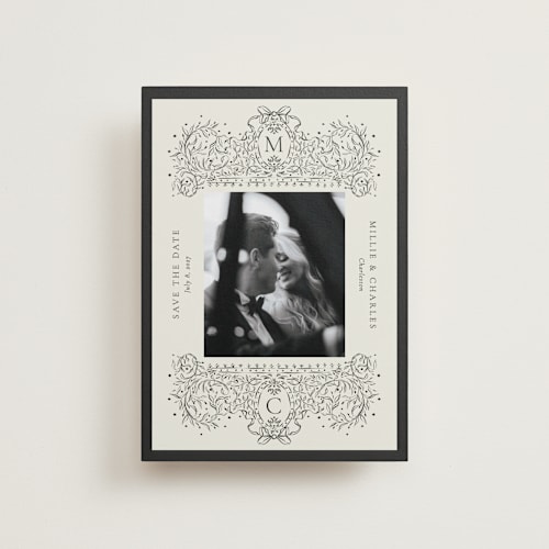 This is a latte save the date postcards with standard by Jackie Crawford called ornate sketched frame printing on signature in postcard