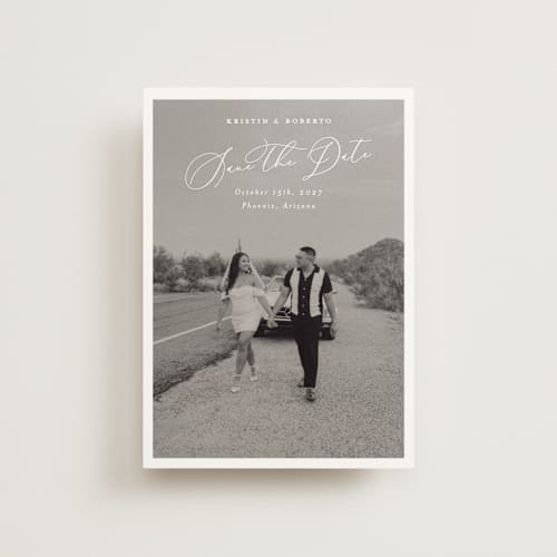 This is a bianco save the date postcards with standard by Pati Cascino called toulon printing on signature in postcard