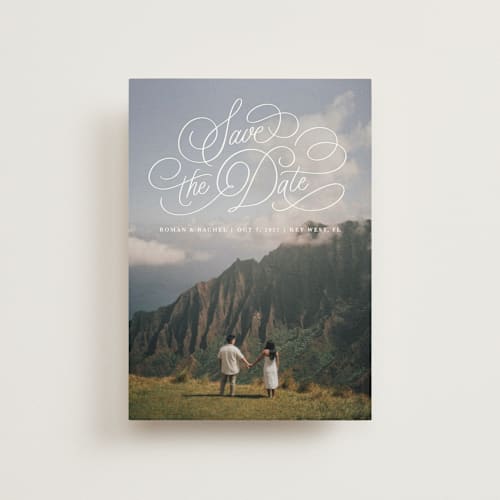 This is a pearl save the date postcards with standard by Kristen Smith called arched script printing on signature in postcard