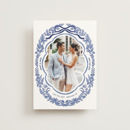 This is a porcelain save the date postcards with standard by Elly called charm printing on signature in postcard