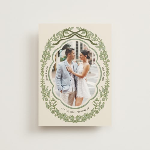 This is a olive save the date postcards with standard by Elly called charm printing on signature in postcard