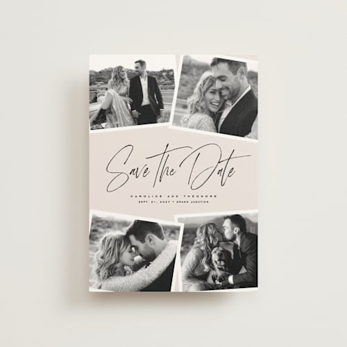 This is a vanilla save the date postcards with standard by Lea Delaveris called our collage printing on signature in postcard