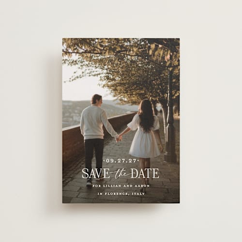 This is a powder save the date postcards with standard by Carolyn MacLaren called together forever printing on signature in postcard