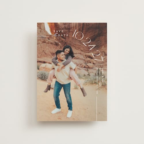 This is a pearl save the date postcards with standard by Brooke Chandler called curved date printing on signature in postcard
