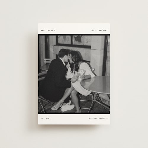 This is a onyx save the date postcards with standard by Pixel and Hank called photosnap printing on signature in postcard
