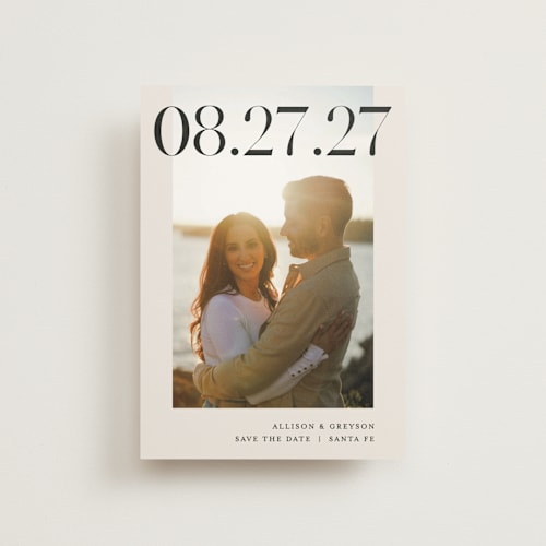 This is a ivory save the date postcards with standard by Pixel and Hank called all stacked up printing on signature in postcard