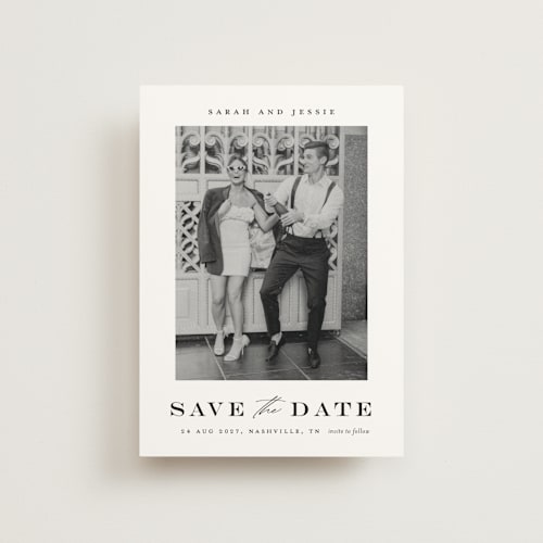 This is a midnight save the date postcards with standard by Stacey Meacham called classic charm printing on signature in postcard