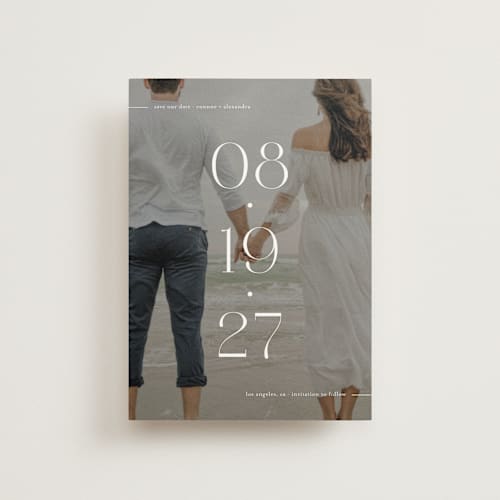This is a pearl save the date postcards with standard by Olivia Goree called horizon line printing on signature in postcard