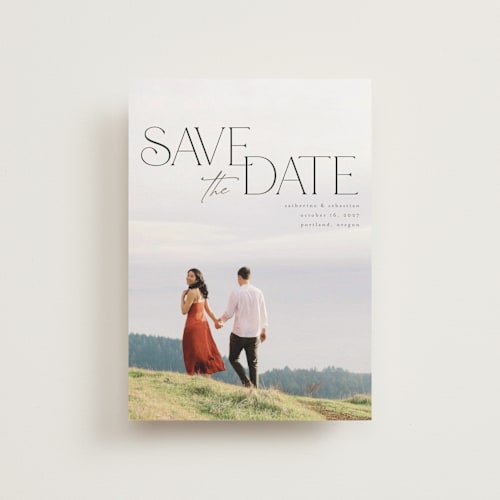 This is a galaxy save the date postcards with standard by Orasie called hand in hand printing on signature in postcard
