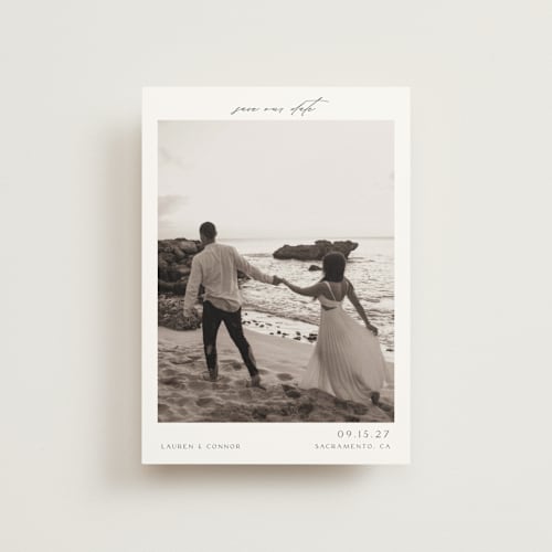 This is a pearl save the date postcards with standard by Nicole Walsh called pano printing on signature in postcard