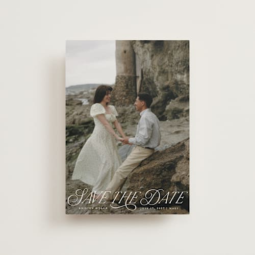 This is a porcelain save the date postcards with standard by Sarah Brown called story book printing on signature in postcard