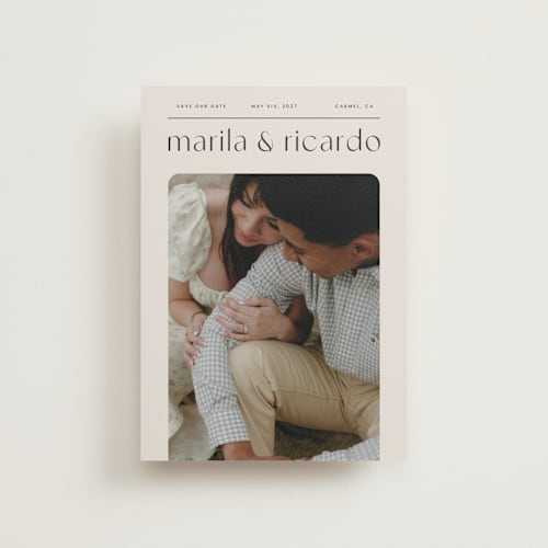 This is a linen save the date postcards with standard by Blustery August called nameplate printing on signature in postcard