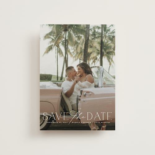 This is a snow save the date postcards with standard by Yaling Hou Suzuki called a fun ride printing on signature in postcard
