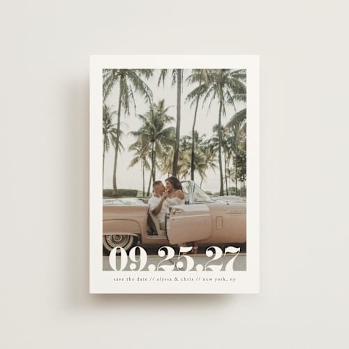 This is a linen save the date postcards with standard by Ashley Cuccio called malibu dreams printing on signature in postcard