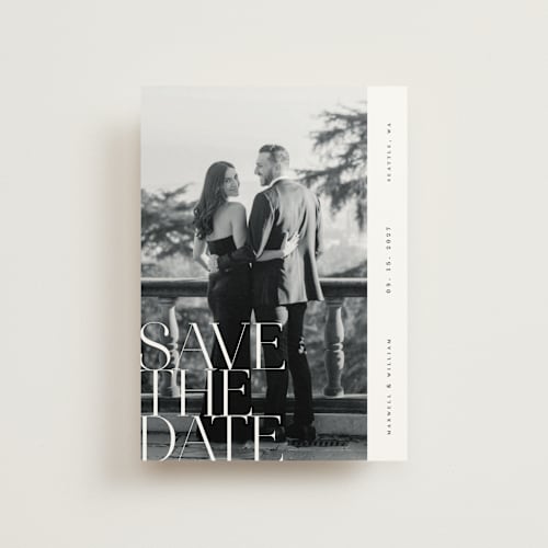 This is a pearl save the date postcards with standard by Ana de Sousa called editorial lettering printing on signature in postcard