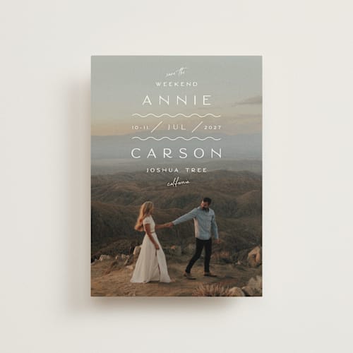 This is a bone save the date postcards with standard by Alaina Cherup called wiggly weekend printing on signature in postcard