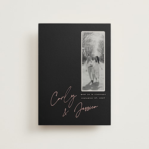 This is a noir save the date postcards with standard by Merian called album cover printing on signature in postcard