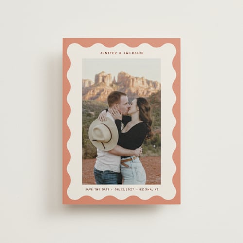 This is a apricot save the date postcards with standard by Kelly Watkins called wavy frame printing on signature in postcard