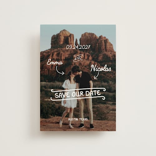 This is a morning save the date postcards with standard by Helena Vitto called love lettering printing on signature in postcard