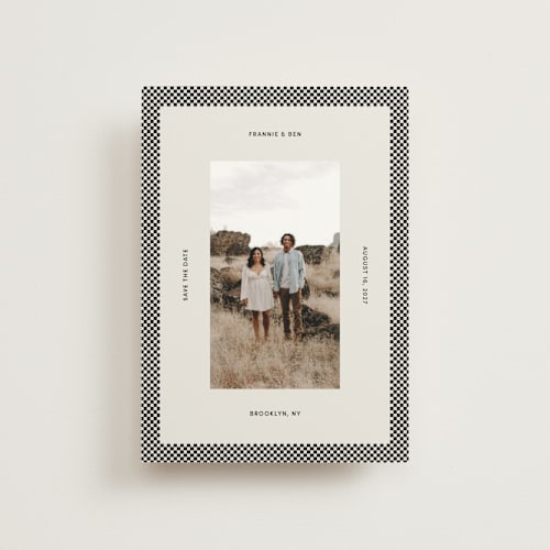 This is a graphic save the date postcards with standard by Inkblot Design called checked in printing on signature in postcard