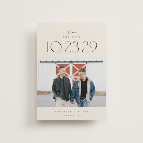 This is a ivory save the date postcards with standard by Carolyn Nicks called romancing the date printing on signature in postcard