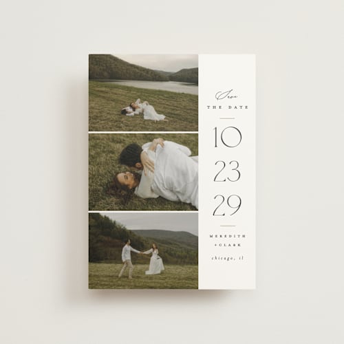 This is a cotton save the date postcards with standard by Carolyn Nicks called elegant trio printing on signature in postcard