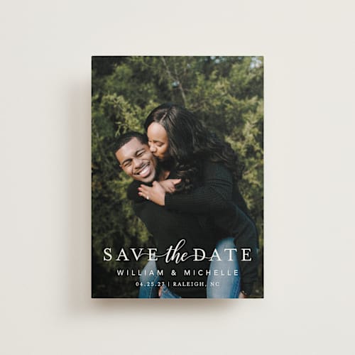 This is a snow save the date postcards with standard by MC Designs called convey our love printing on signature in postcard
